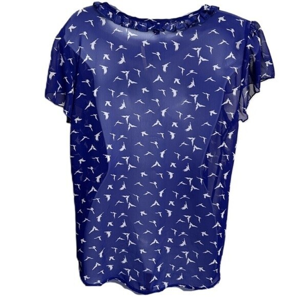 Lily Rose Size XL Sheer Royal Blue Blouse With White Bird Print - Picture 2 of 11